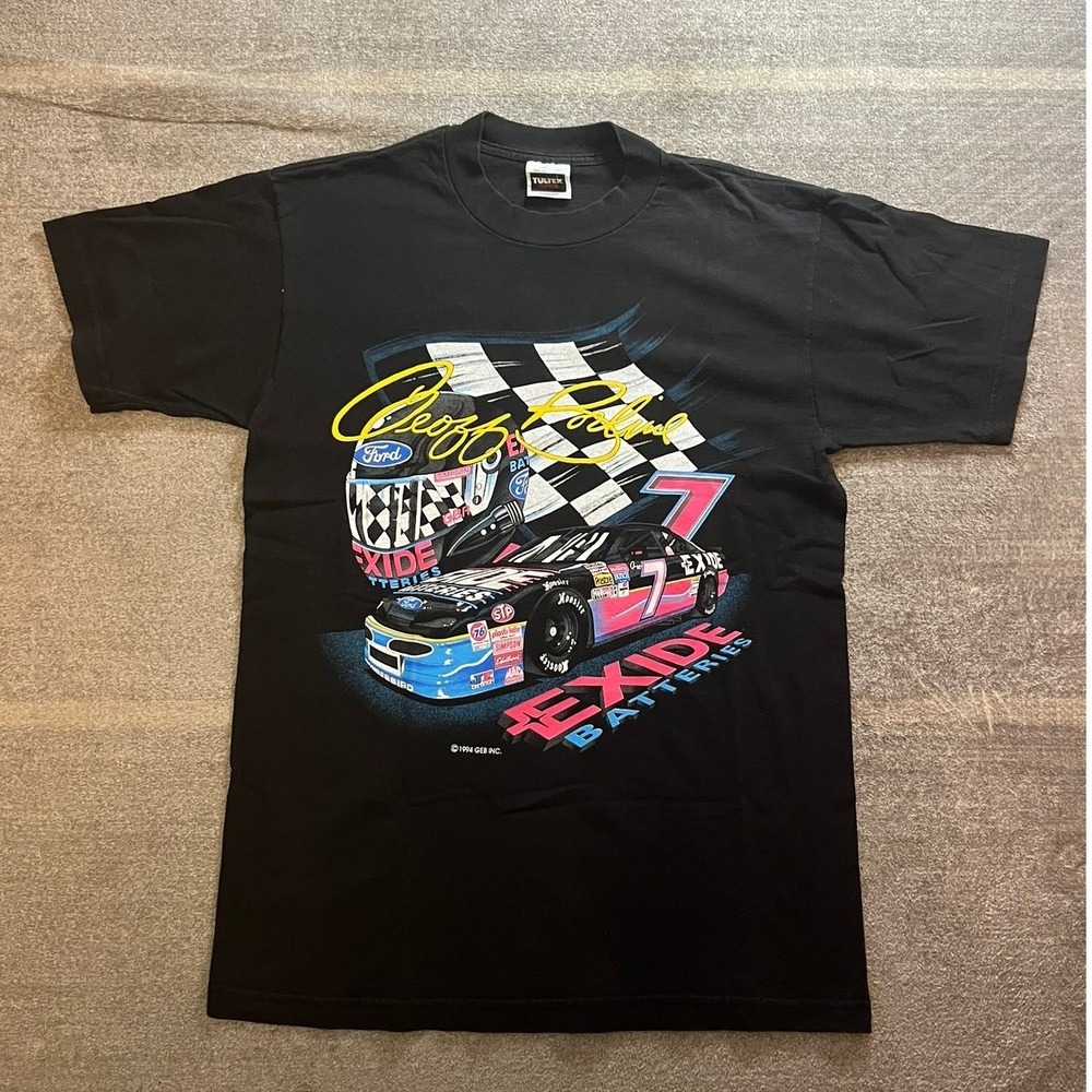 Vintage 1994 Geoff Bodine Exide Batteries NASCAR T-Shirt Tultex Black Large Cool